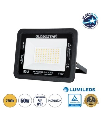 GLOBOSTAR® ATLAS 61424 Προβολέας LED 50W 5750lm 120° AC 220-240V Αδιάβροχο IP67 Θερμό Λευκό 2700K - Lumileds SMD Chip - TÜV Rheinland Certified - Μαύρο Ματ - Μ21 x Π3.5 x Υ16cm - 5 Χρόνια Εγγύηση